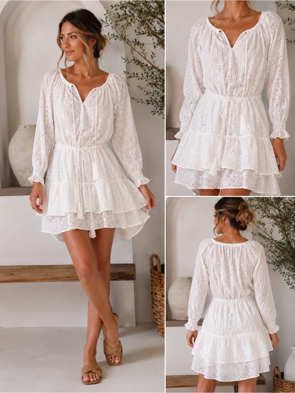 PAOLITA Eyelet Tiered Long-Sleeve Mini Dress